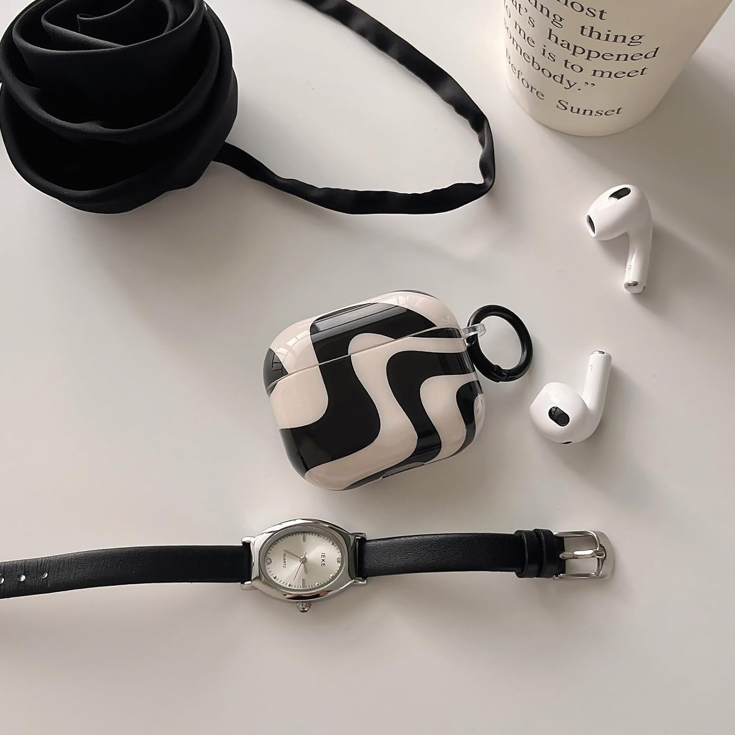 Black White Zebra Print Case for AirPods Pro &Pro 2 with Keychain - Cute Chic Wave Stripe Print Trendy Glossy Swirl Striped Soft Slim Protective Cover for Cool Girls Women(AirPods Pro/2) image 2