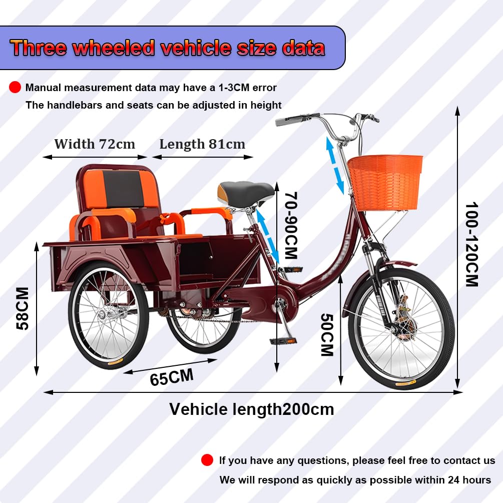 20 Zoll lastenfahrrad, Dreirad für Erwachsene, 200 kg Belastbarkeit, Senioren Fahrrad mit kindertransport, verstellbare Sitzhöhe, 3-Rad-Cruiser-Fahrrad, für Einkaufen, Picknicks