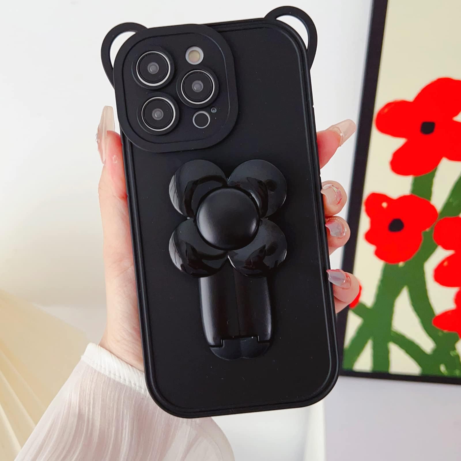LUVIfor iPhone 14 Pro Max Case Silicone Stand Case Flower Kickstand Holder Invisible Platin Bracket Soft Cute Bear Luxury Bumper Fashion Protection Shockproof Case for Women Girls Black