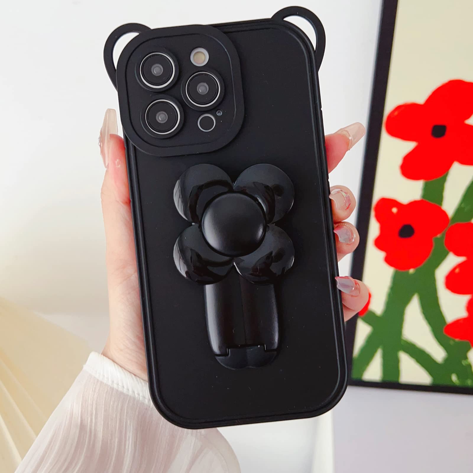 LUVIfor iPhone 14 Pro Max Case Silicone Stand Case Flower Kickstand Holder Invisible Platin Bracket Soft Cute Bear Luxury Bumper Fashion Protection Shockproof Case for Women Girls Black