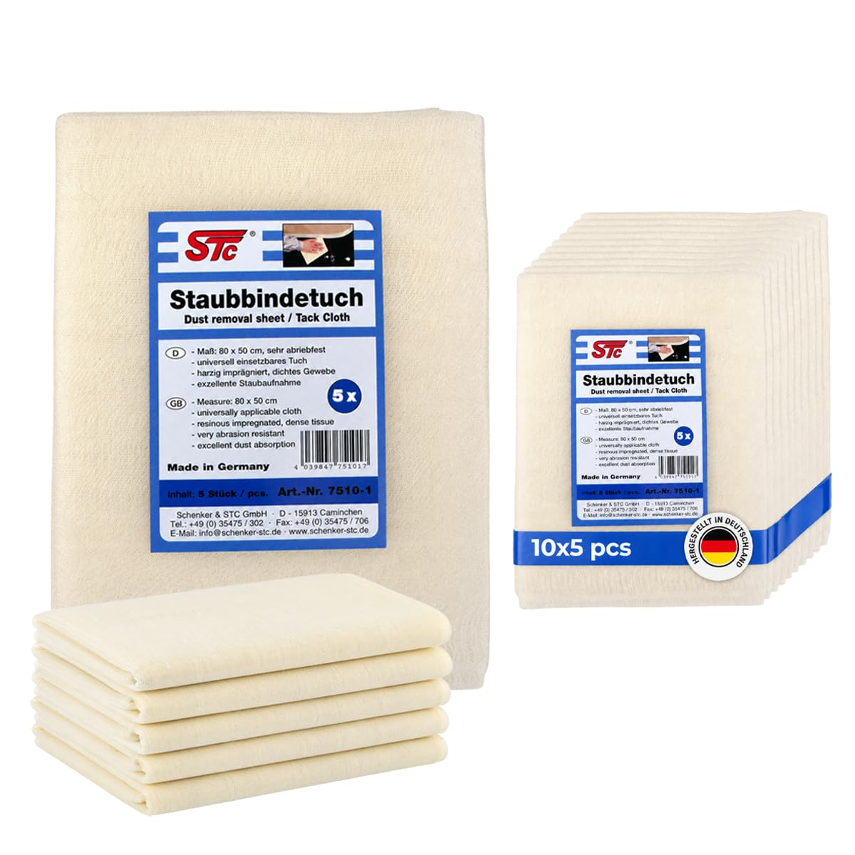 STC Staubbindetuch 10 x 5er Pack (50 Stück) – hochwertiges Honigtuch für Lackierarbeiten – Staubtuch für alle Lackarten geeignet – trocknet Nicht aus – 80 x 50 cm
