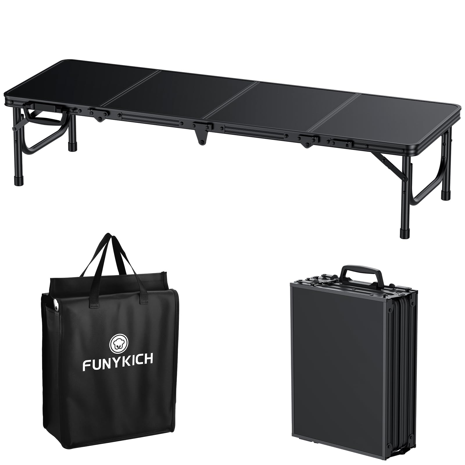 FUNYKICH Tavolo da Campeggio Pieghevole in Alluminio per 4-7 Persone, 116x40x26 cm, Piano in MDF con Borsa di Trasporto, Leggero e Resistente per Spiaggia Picnic Giardino Pesca,Colore Nero
