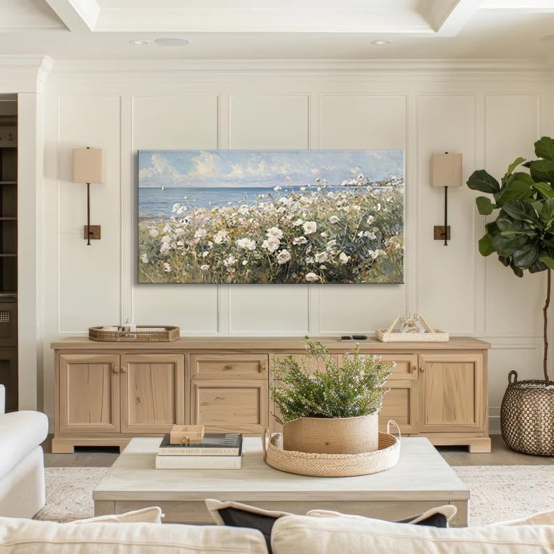 large Canvas Wall Art Coastal Flowers Wall Painting Beach Floral 3d Textured Picture Landscape Wildflowers Artwork Prints Seascape Aesthetic Artwork for Living Room Office Home Decoration 24x48