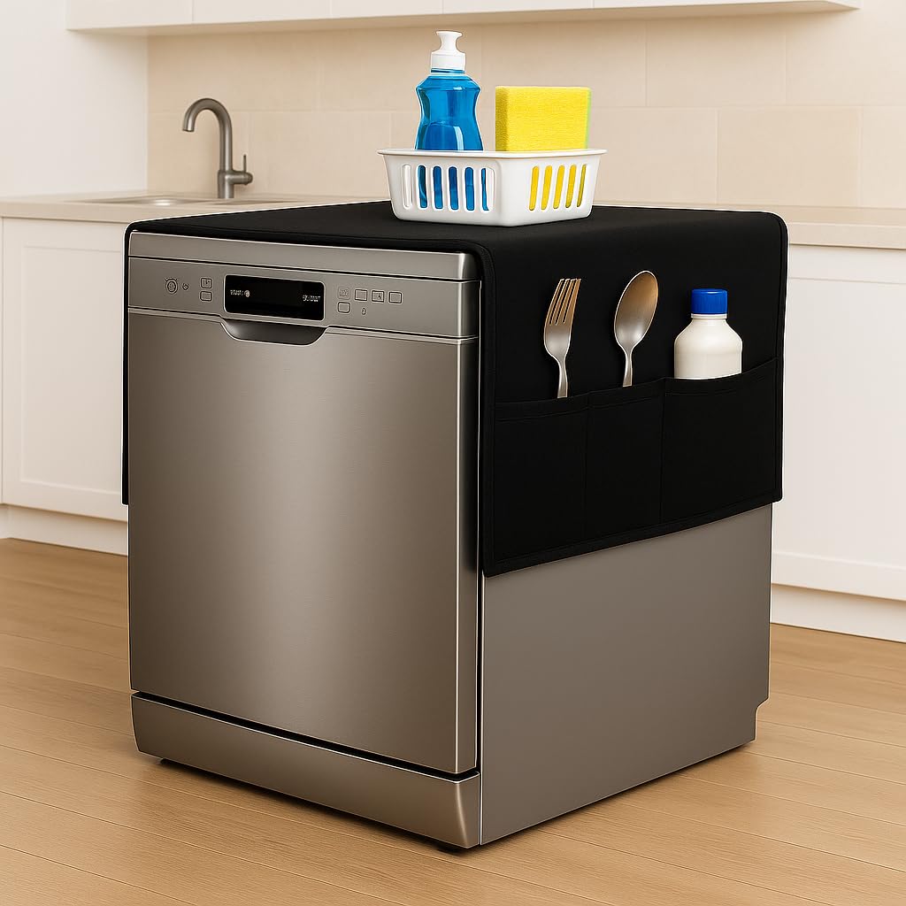 ALPHESTIA Dishwasher Machine Top Cover – Waterproof, Dustproof, Durable Nylon Dishwasher Cover with 6 Storage Pockets | Universal Fit Dishwasher Top Organizer for Kitchen Appliance (BLACK, GENERAL)-image-28