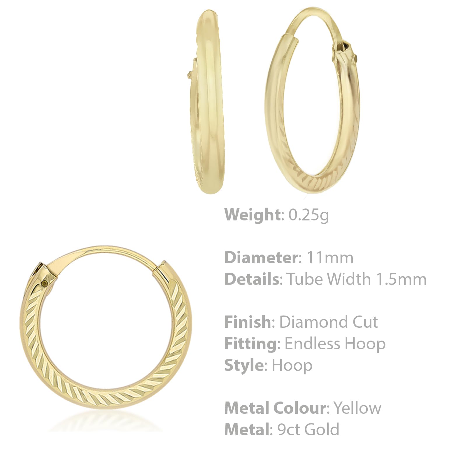 Carissima Pendientes de aro infantiles en oro amarillo de 9 quilates, 11 mm, corte diamante, 1.4 mm