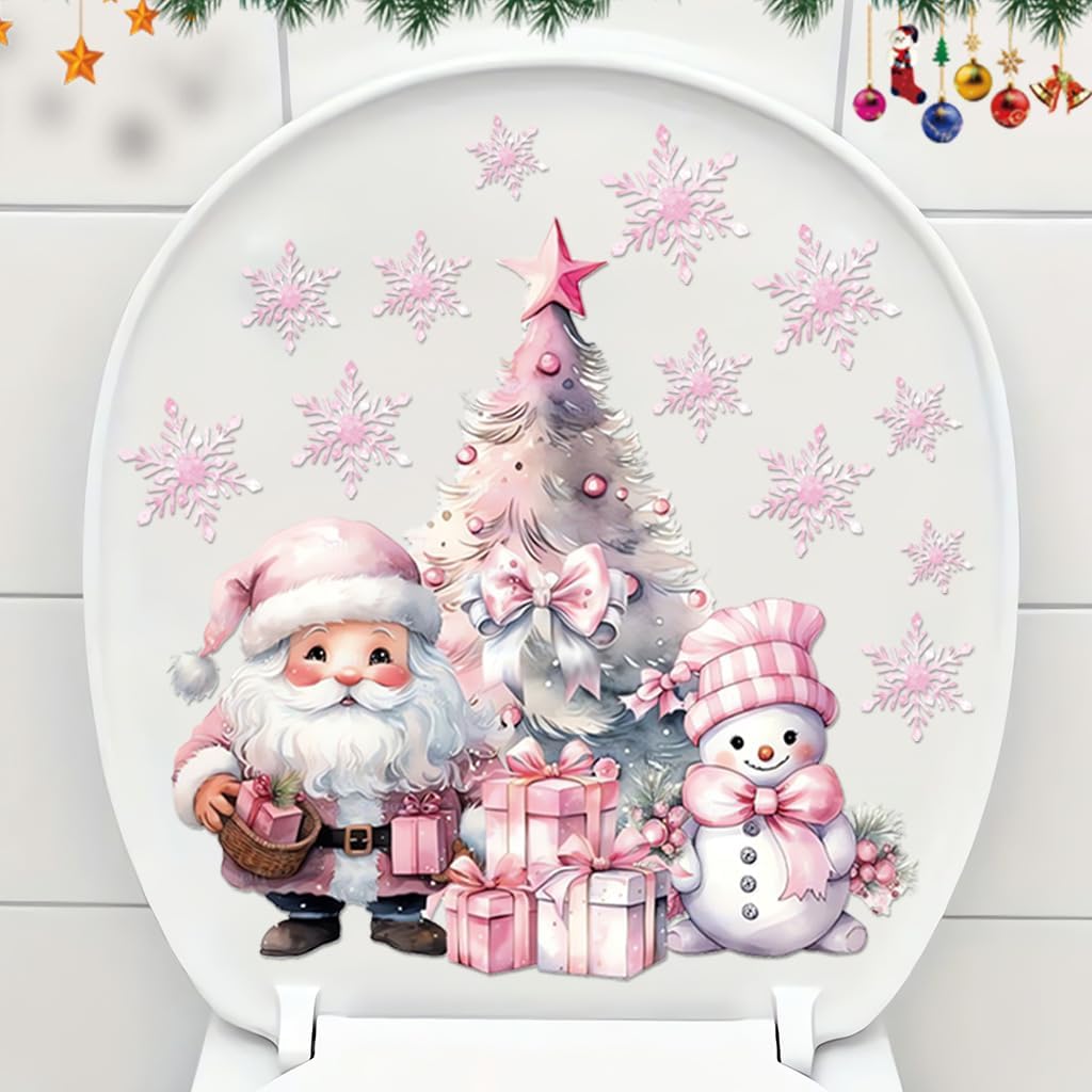 Christmas Toilet Stickers Snowman Self-Adhesive Santa Red Winter Toilet Lid Decals Waterproof Decorative Toilet Seat Cover Stickers for Xmas Party Home Bathroom Wall Decoration (2 Sheets)
