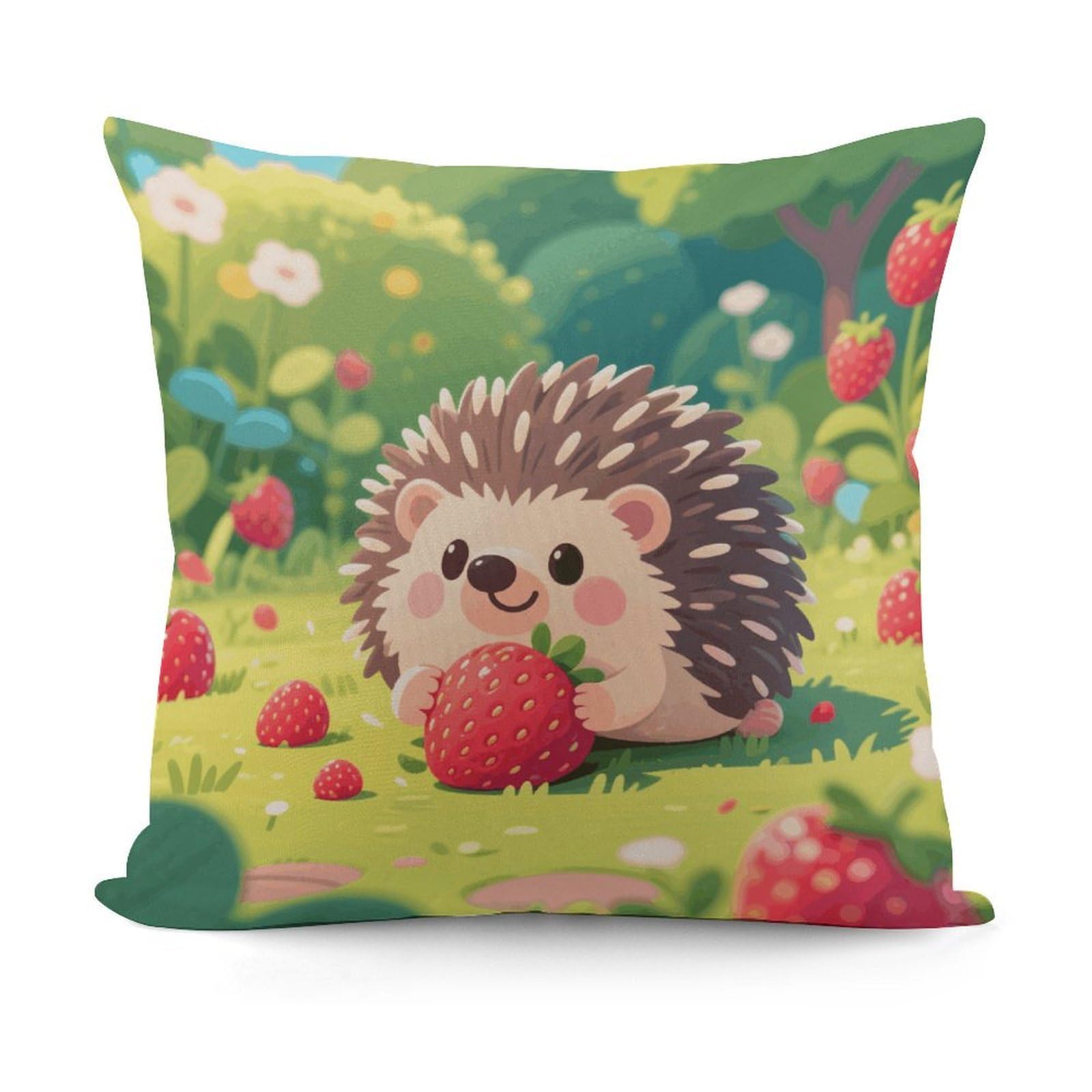 VstaDank Hedgehog Eating Strawberries Throw Pillow Covers Fade-Resistant Removable Pillowcase Square Cushion Case Cozy Pillow Case Breathable Pillow Protector Soft Pillow Shams 18"x18"