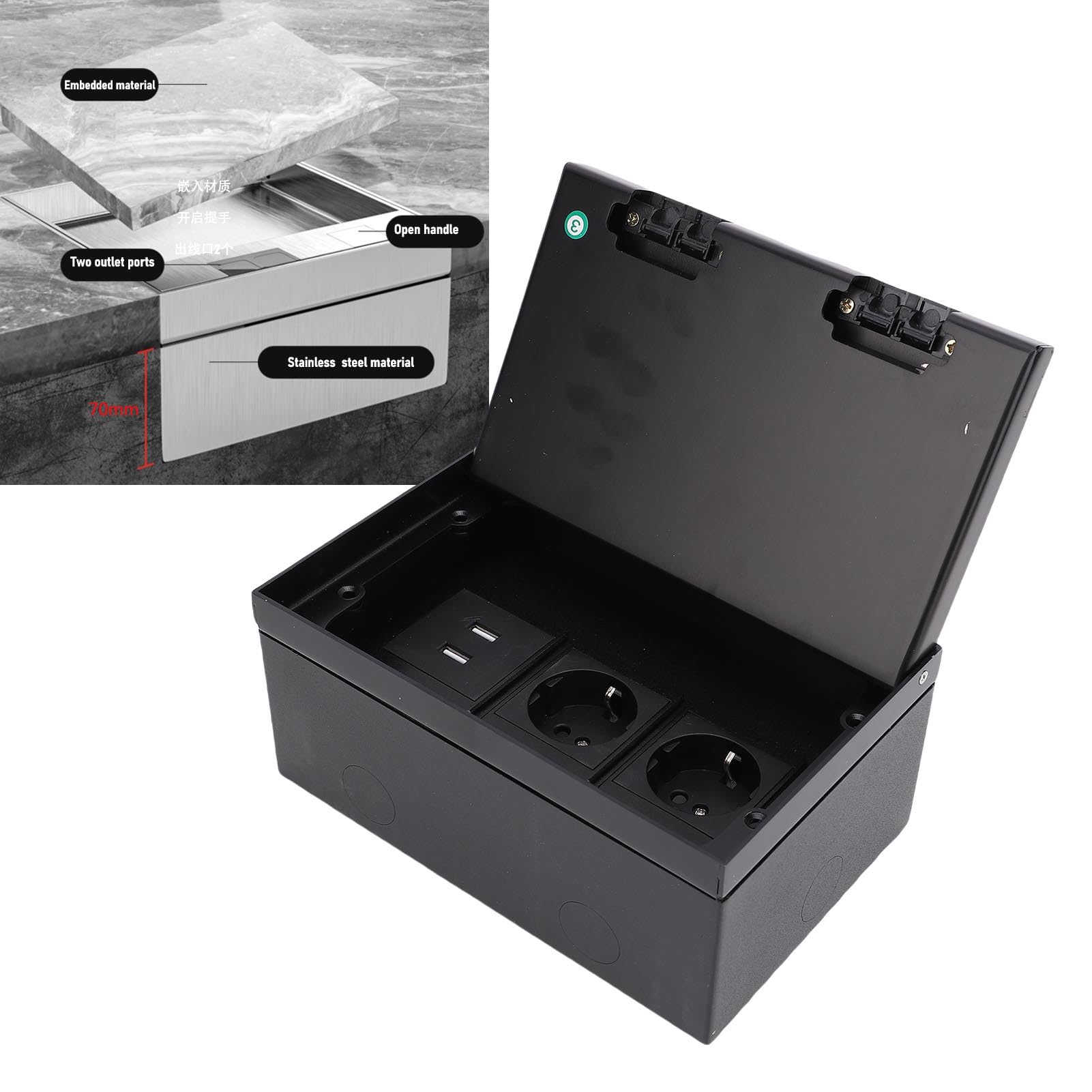 Generic Scatola di Derivazione da Incasso a Pavimento Flessibile Ritardante L'infiammazione Presa Piatta in Acciaio Inossidabile 4KW 2 Porte USB a Due Poli 2 per il Miglioramento Domestico