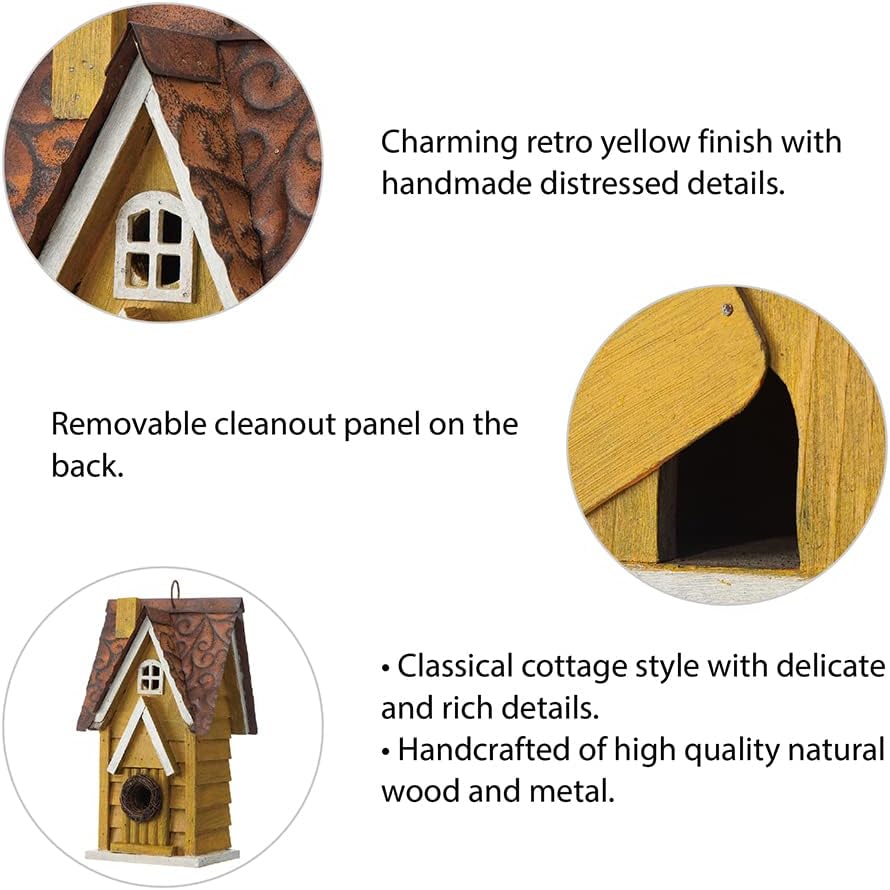 Glitzhome Bird Houses for Outside, 12" H Solid Wood Blue Bird House, Yellow Distressed Cottage Bird Nesting Box Decorative Birdhouse Hanging Bird House for Outdoors, Finch Swallow Wren Chickadee