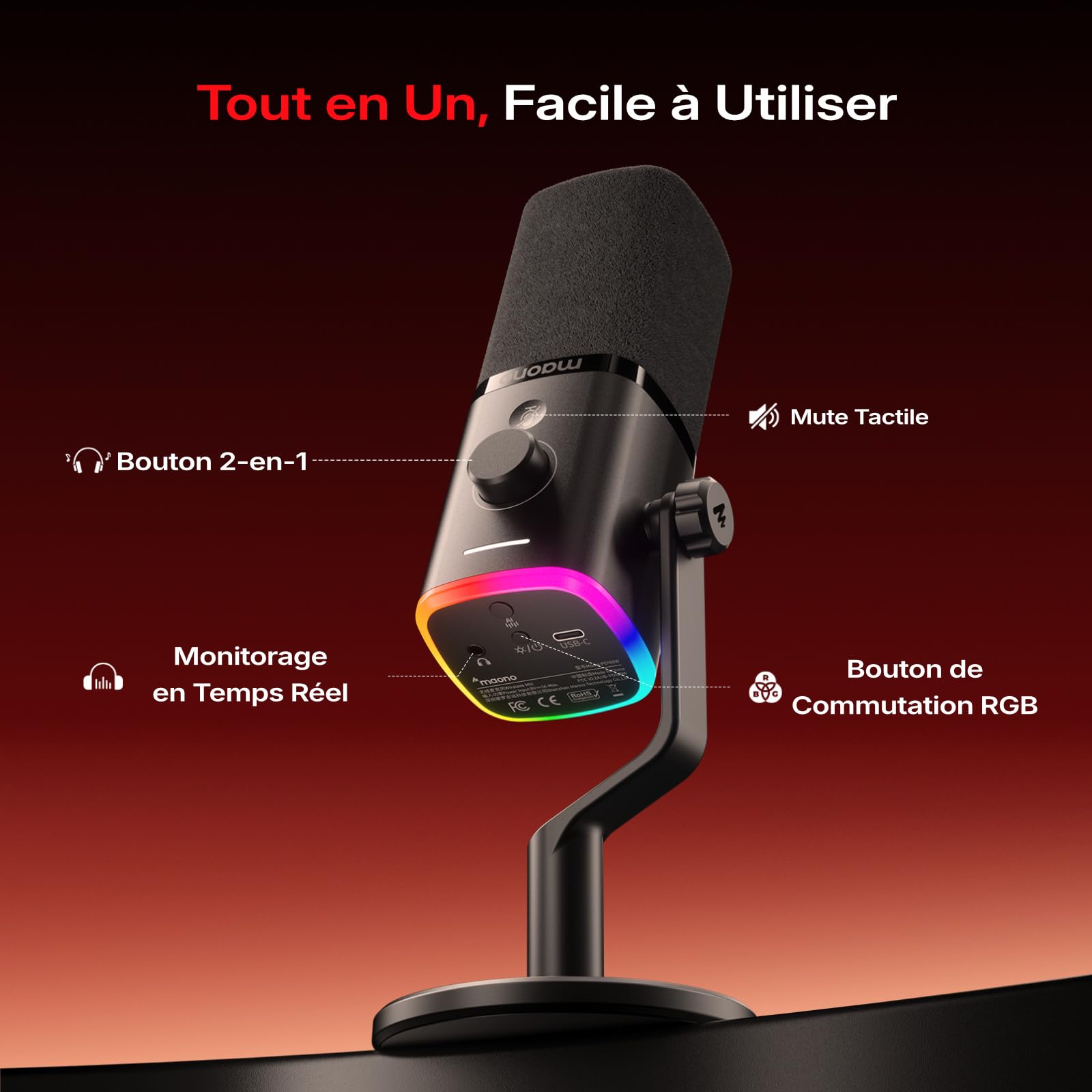 MAONO PD100W Microphone sans Fil/USB, Micro Gaming PC Dynamique avec Réduction de Bruit en Un Clic, Bouton Mute, RGB & Logiciel Dédié. Idéal pour Le Streaming, Le Enregistrement & l’Podcast. Noir