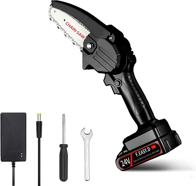 Mini Chainsaw, HFAN 24V Handheld Cordless Portable Chain Saw with Charger and Battery, Electric Pruning Chainsaw, Adjustable Cutting Speed for Wood Cutting, Tree Pruning and Garden