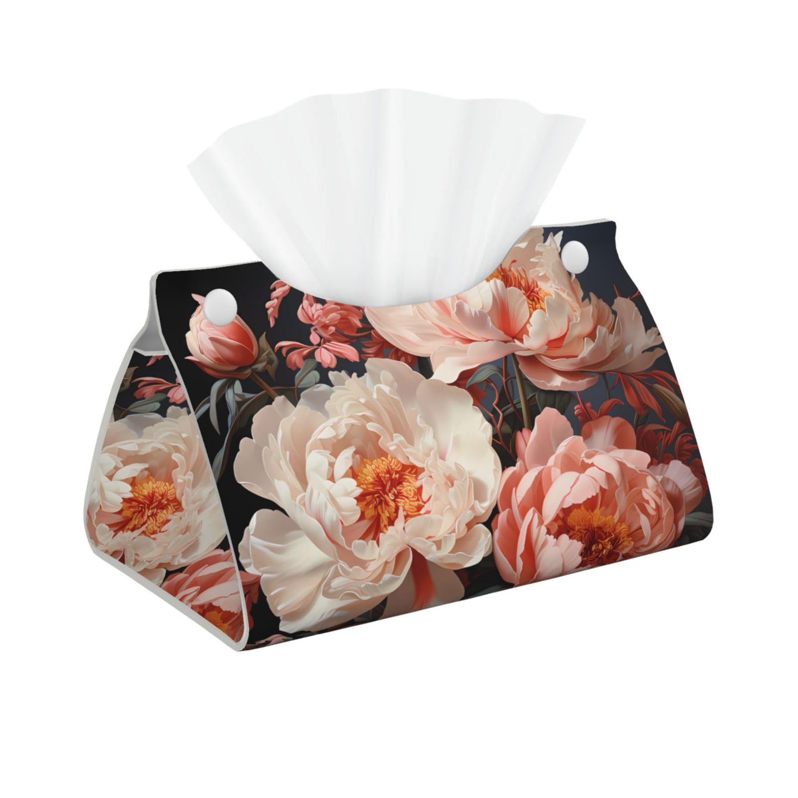 Bright white peonies Rectangular Leather Tissue Box Cover, Folding Facial Tissue Holder Dispenser for Car