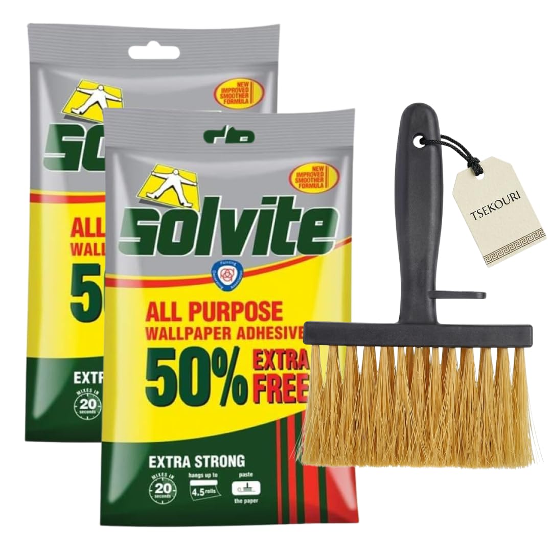 Tsekouri Wallpaper Hanging Kit: 2x Solvite All Purpose Wallpaper Adhesive 3 Roll + 50% Free and 5 Inch Wallpaper Brush, Complete Decorating Bundle