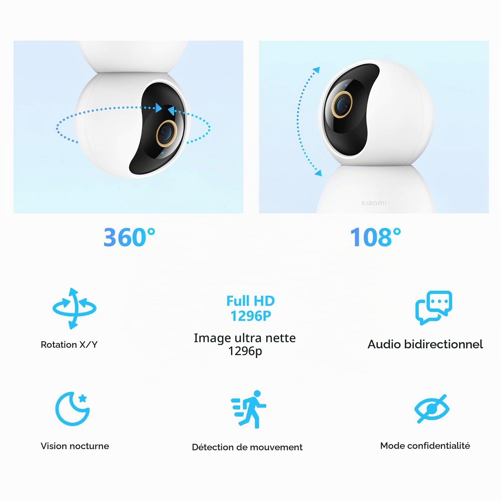 Xiaomi Mi Smart Camera C300 Caméra Surveillance WiFi Intérieure Caméra 360°, Détection Humaine AI Suivi Intelligent Sirène Audio Bidirectionnel, pour Bébé et Animaux