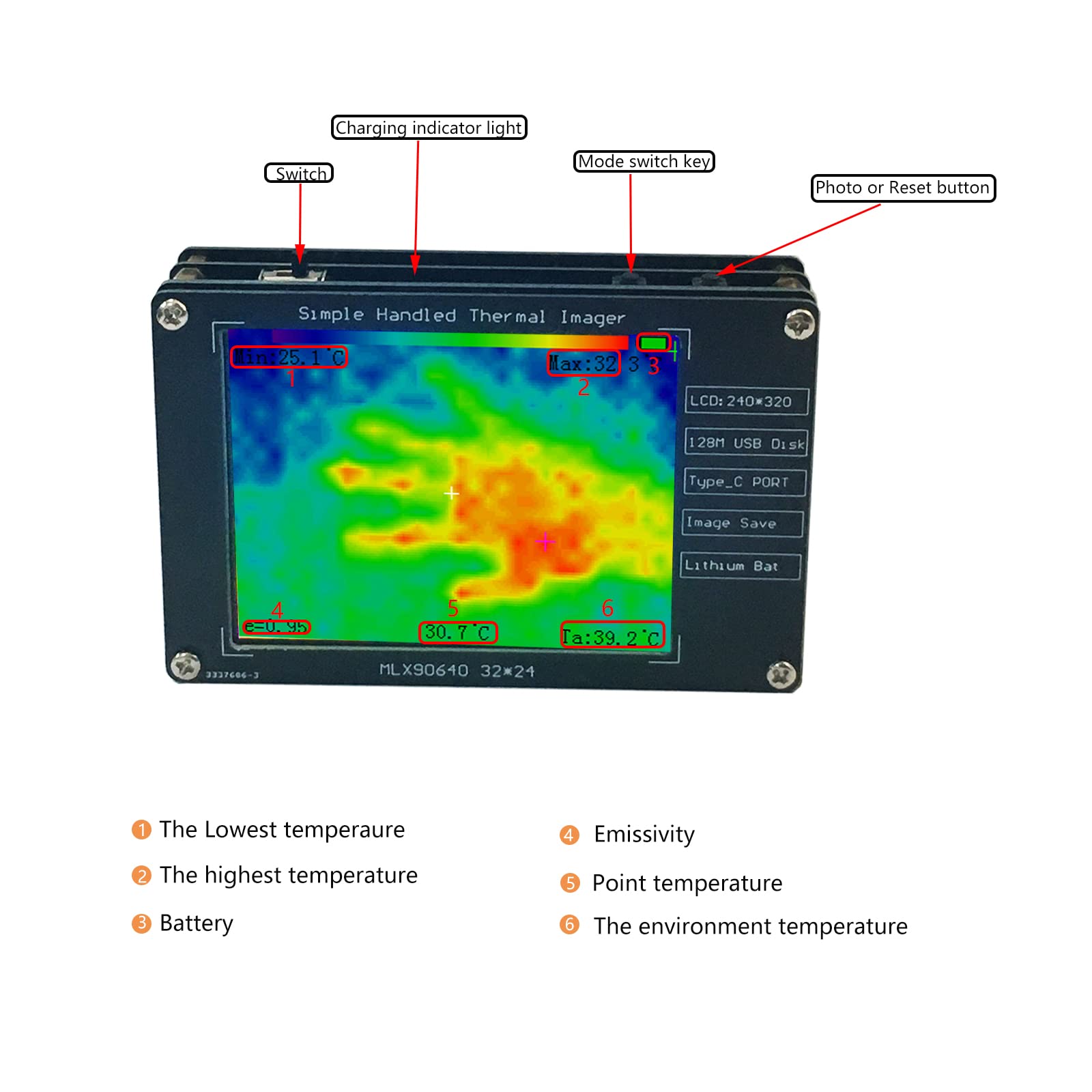 Infrared Thermal Camera Imager Detector Portable 2.8 Inch LCD Screen Tempearture Picture Storage