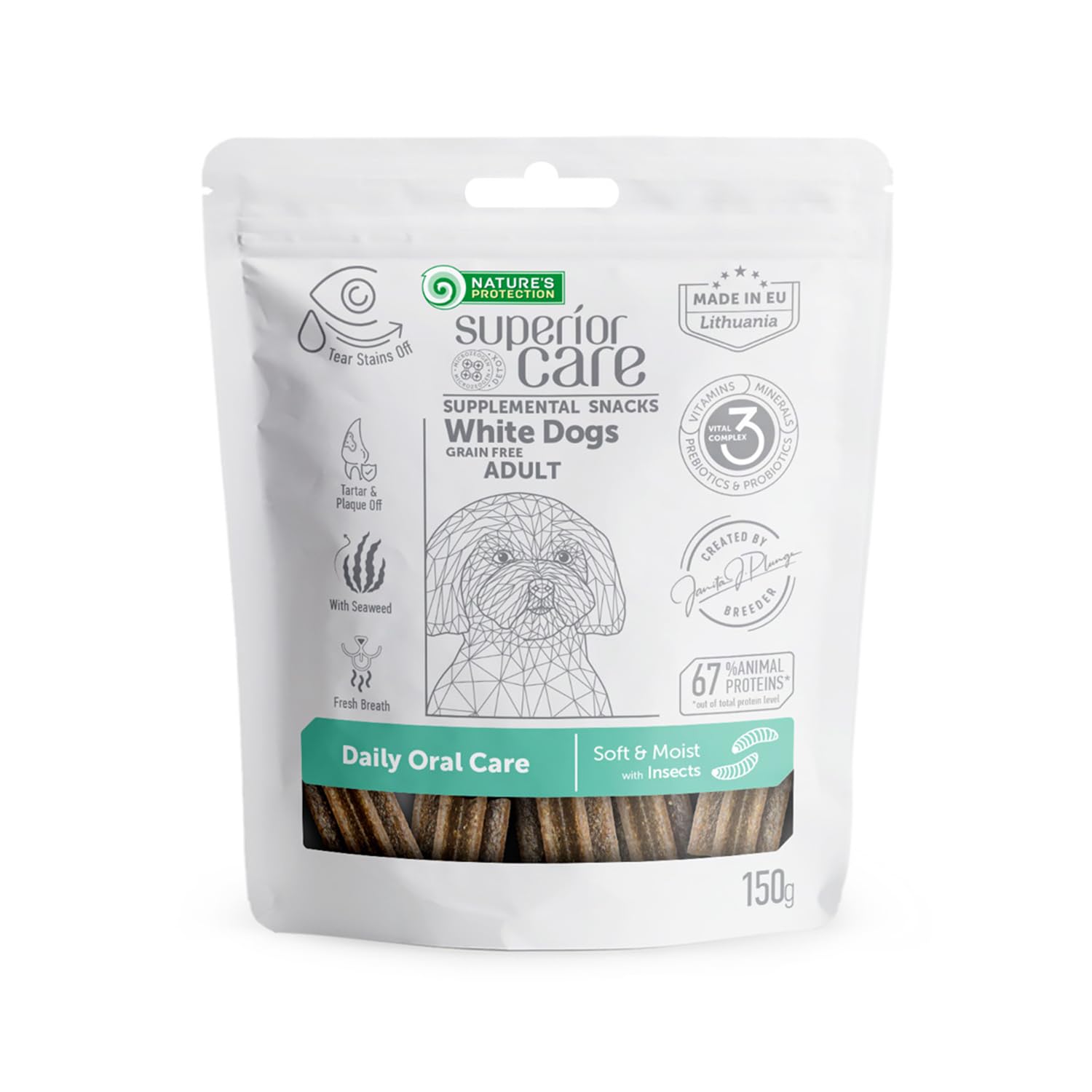 Nature's Protection Superior Care White Dogs Grain-Free Oral Care Treats with Insects for Adult All breeds dogs 150g