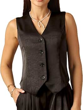 heipeiwa Women's Satin Silky Textured Vest Button Down