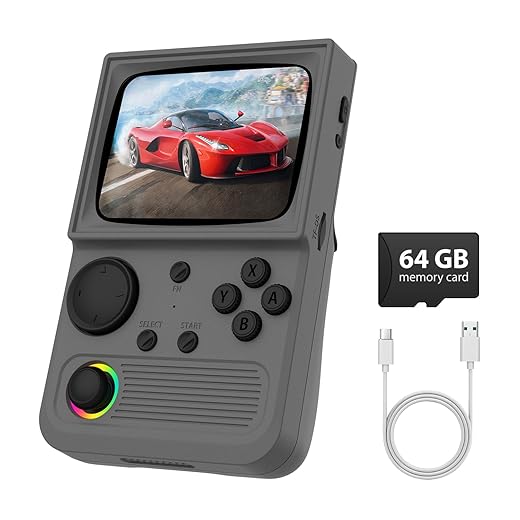 R36T Retro Gaming Console, 3.5'' IPS Screen CRT-Inspired, Handheld Game Console with 18000+ Classic Games Supports WiFi Networked Fighting and OTG, 3500mAh Battery, with Portable Case(Grey 64GB)