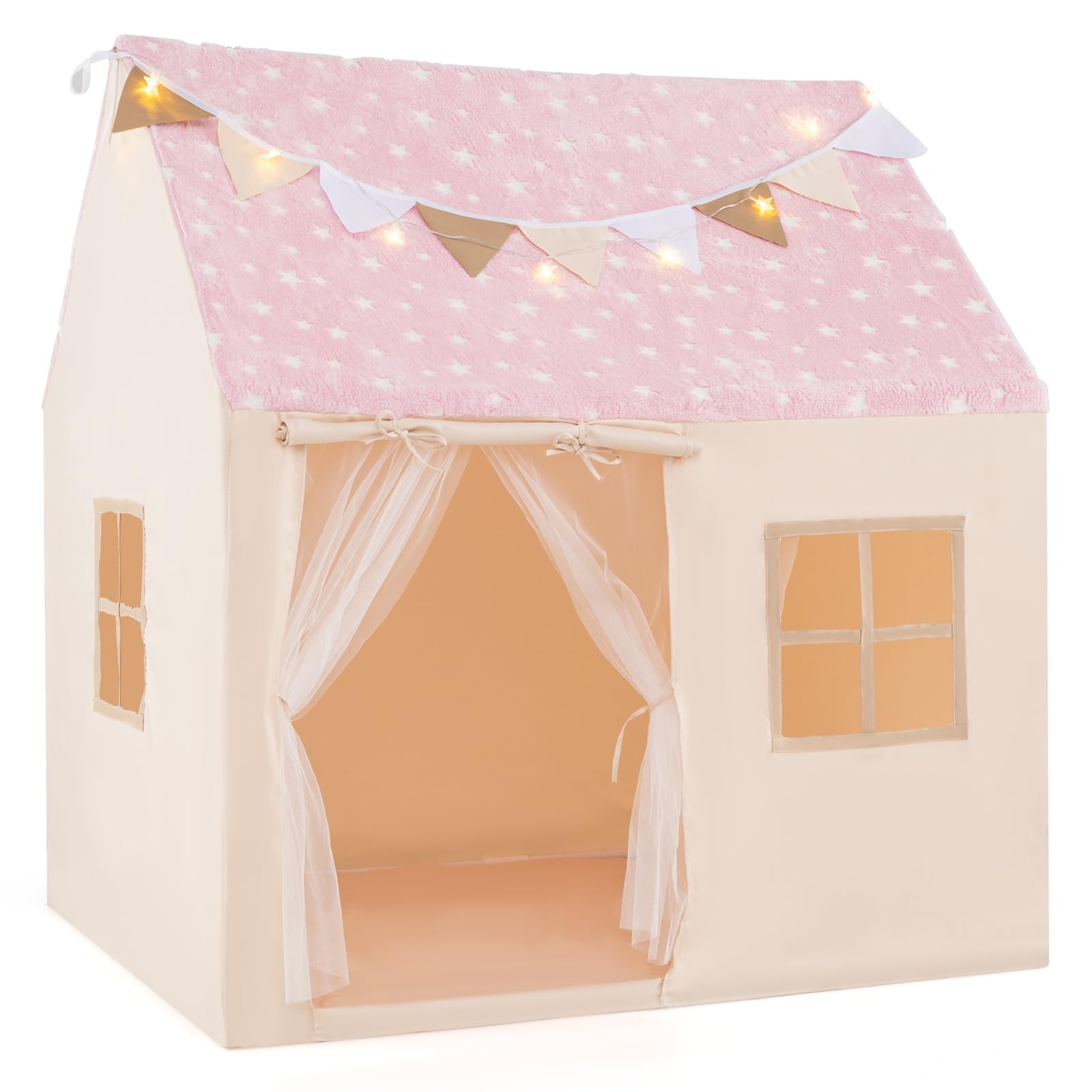 COSTWAY Kids Play Tent, Glow in the Dark Playhouse with Padded Mat, Star String Lights, Flags, Indoor Large Castle Fairy Tents for Boys Girls