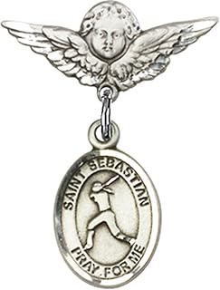 Sterling Silver Baby Badge with St. Sebastian/Softball Charm and Angel w/Wings Badge Pin 7/8 X 3/4 inches