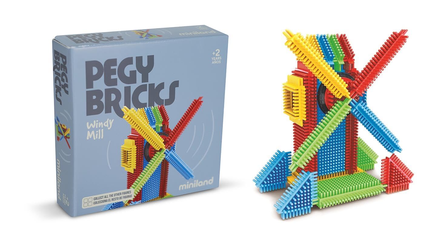 Miniland, Pegy Bricks: Windy Mill, Children's Construction Set including 22 Pieces to Build a Windmill with Spinning Blades