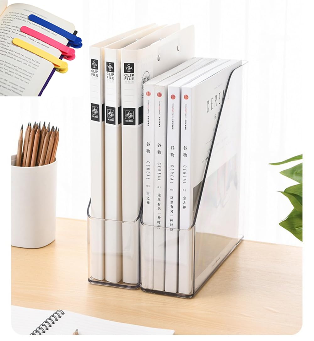 ESHINEDE Acrylic Magazine Holder, 2 PCS File Magazine & Book Storage Rack for Office Desk, Clear Book Organizer with 3pcs Silicone Automatic Bookmarks