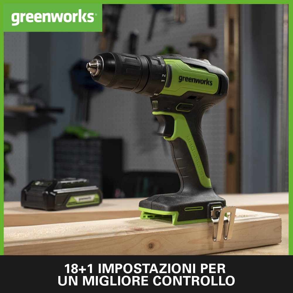 Greenworks GD24DD35 Trapano Avvitatore a Batteria con Motore Brushless, 0-1450 giri/min., 2 Marce, 35Nm di Coppia, SENZA Batteria 24V 2Ah e Caricabatterie, Borsa, Garanzia 3 Anni