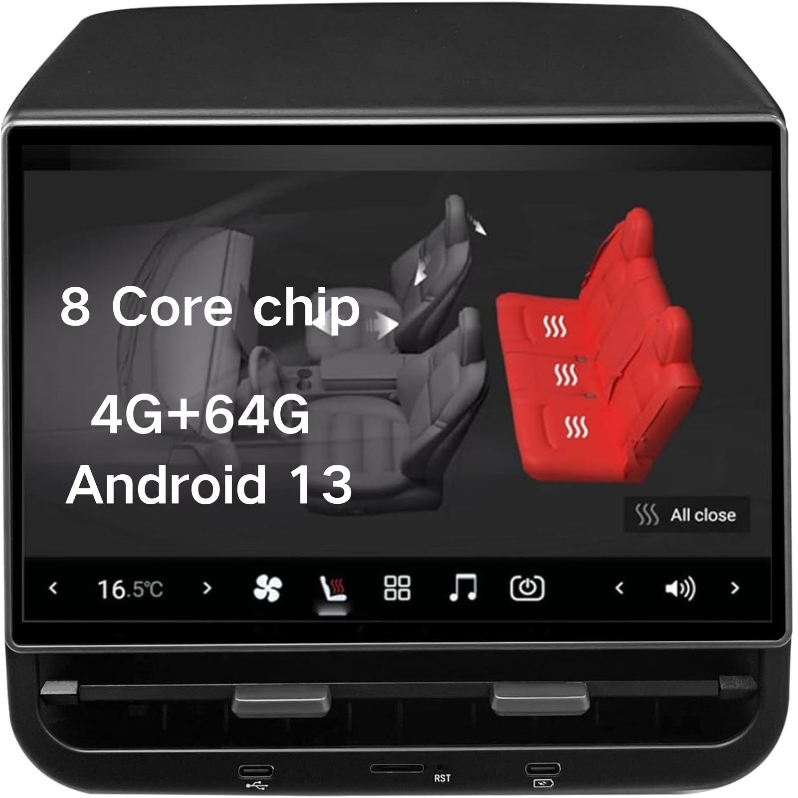 8.66 inch Rear Display Screen for Tesla Model 3 2019-2023 & Model Y 2019-2024 8.66 inch Rear Entertainment Display 4G+64G Android 13 Support AC Control Seat Heating 8 Core chip