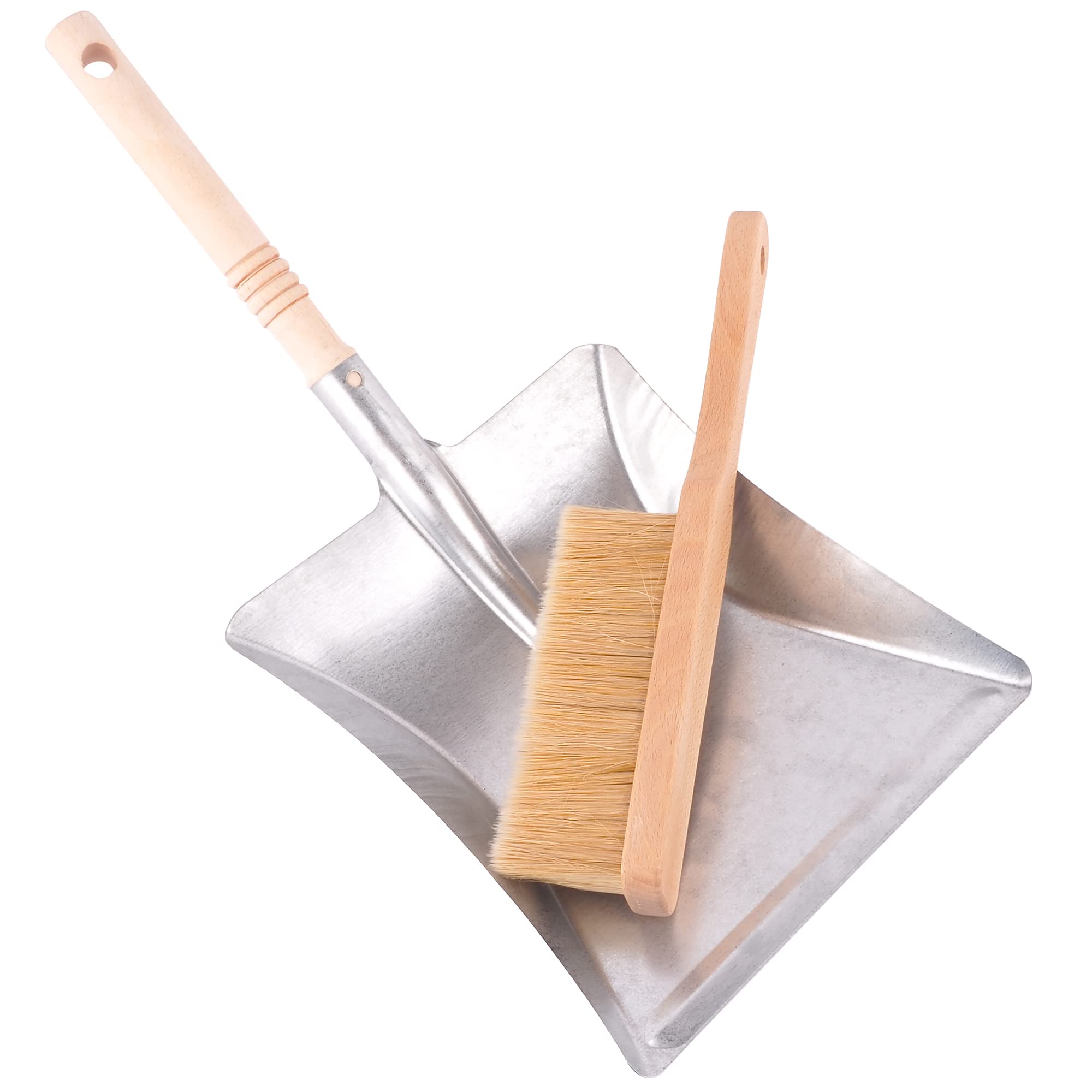 2 Stück Besen mit Kehrschaufel Set Handbesen Schaufel Kehrgarnitur Kehrblech und handfeger Metall Verzinkt Handfeger und Schaufel kaminbesen verzinkte Kehrschaufel mit Holzgriff Robust