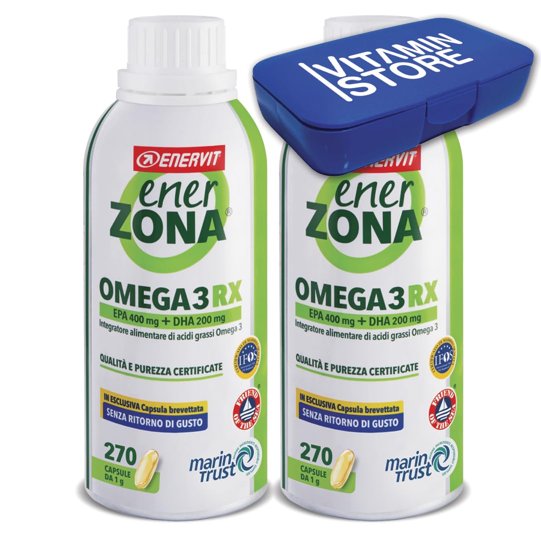 Enervit Enerzona Omega 3 RX 270 Capsule da 1g, 2 Confezioni e Portapillole | Integratore Omega 3 IFOS, Olio di Pesce, Acidi Grassi EPA DHA, Supporto Cuore Vista Cervello, Fish Oil Senza Ritorno di Gusto
