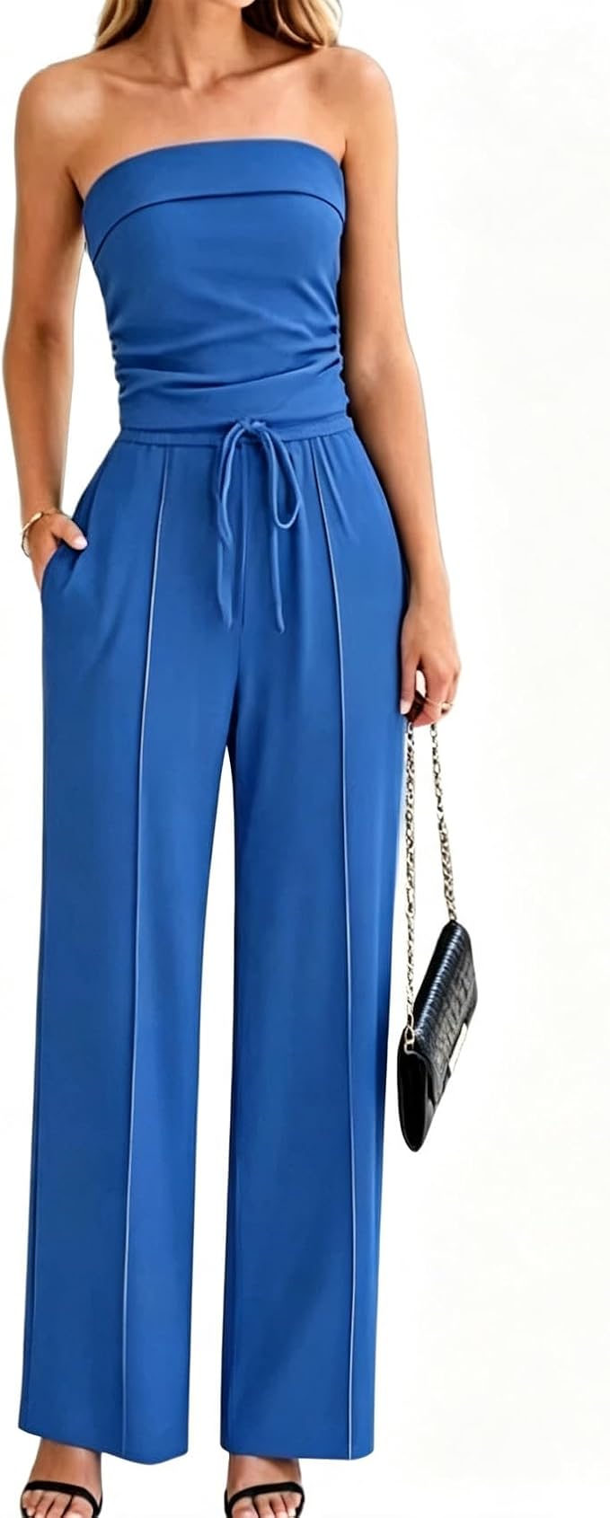 Women 2 Piece Outfits Strapless Tube Top and Drawstring Wide Leg Pants Set Casual Solid Matching Suit With Pockets