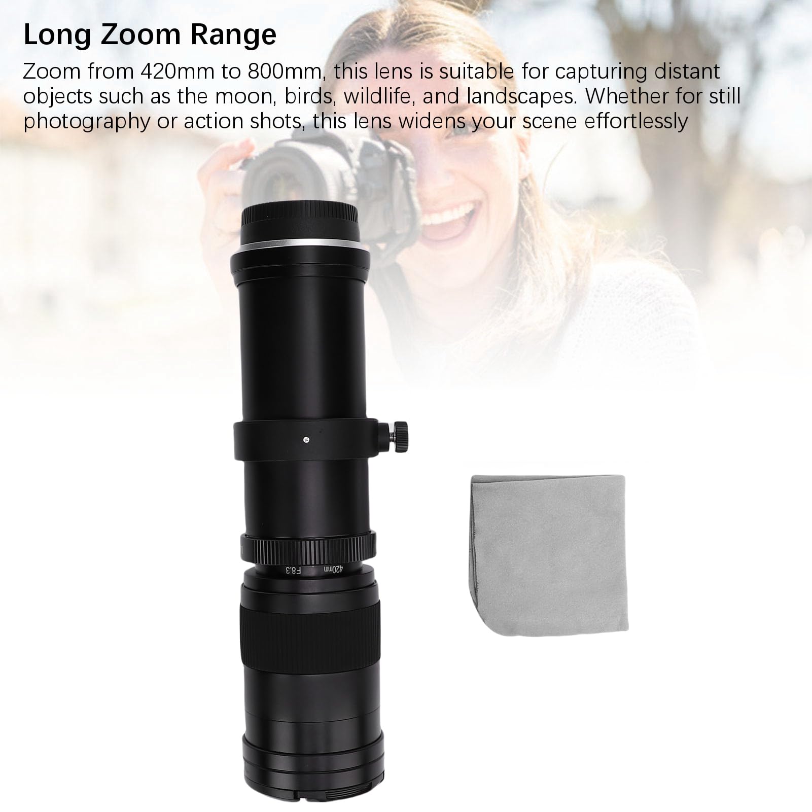 Lazmin112 420-800mm F8.3 Obiettivo Teleobiettivo Zoom, Per Attacco F Fotocamera Reflex, Messa a Fuoco Manuale, Angolo Di Visione 6°, Vetro Ottico, Rivestimento Multistrato Mc Coate (Nero)