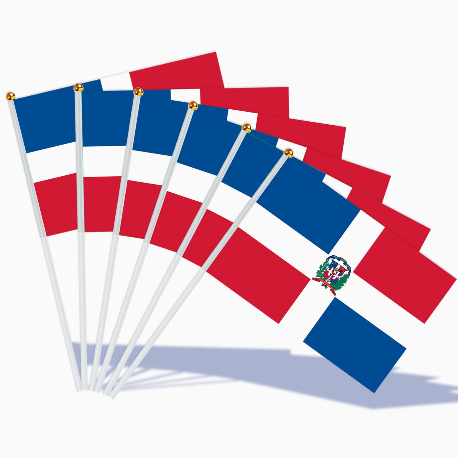 AhfuLife 15pcs Dominican Flags on Sticks for Party Decorations, 14 x 21cm Hand Held Dominican Small Flags with 30cm White Pole for National Day World Cup Football Sports Event Garden Street Decor — image 1