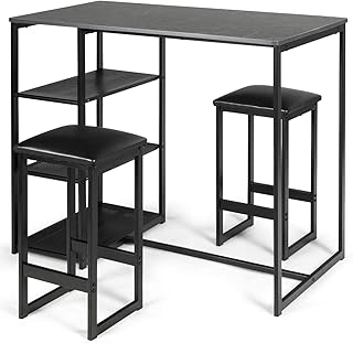 GiantexUK 3-Piece Bar Table Set, Rectangular Kitchen Table with 2 Stools & 3 Side Shelves, Breakfast Dining Table Stool Set for Kitchen, Living Room, Dining Room & Pub (Black)