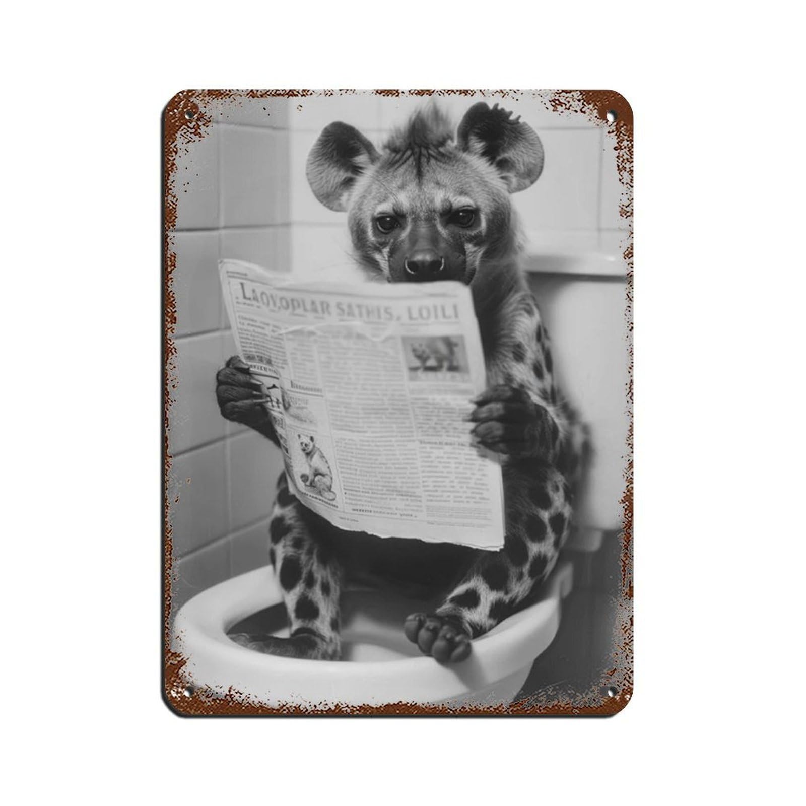 Hyena Sitting on The Toilet Reading A Newspaper (2) Tin Sign Vintage Metal Pub Club Cafe Bar Home Wall Art Decoration Poster Retro 12x16inch(30x40cm)