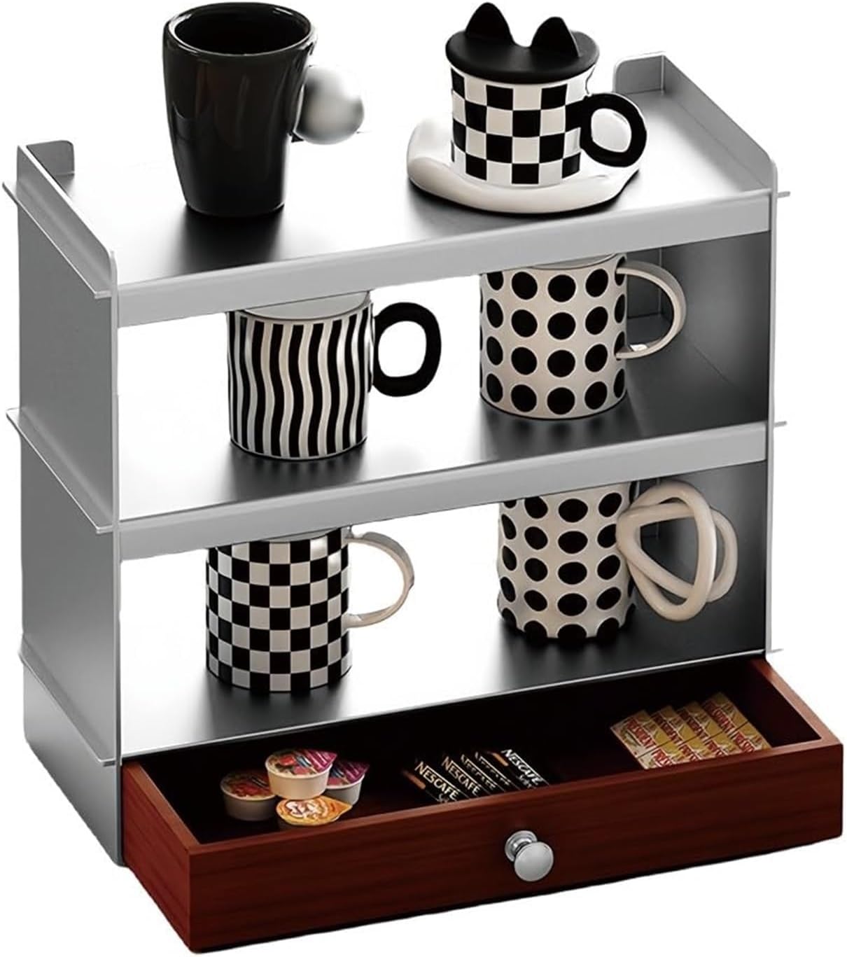 Countertop Mug Display Stand Multi-Tier Mug Rack with Drawer Coffee Cup Holder Storage Organizer for Kitchen Bathroom Lightweight