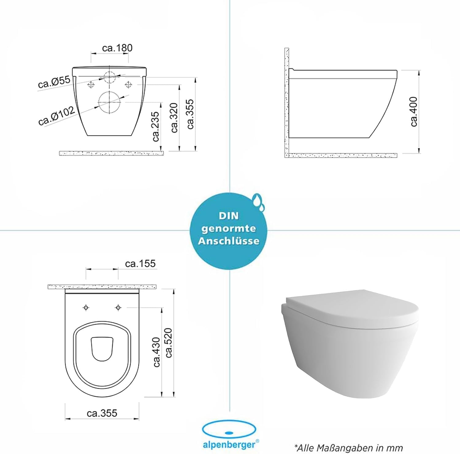 Alpenberger Wand WC Spülrandlos | Moderne Toilette WC Set | Tiefspüler Hänge WC | Toilettendeckel D Form | WC Sitz mit Absenkautomatik | Gäste WC mit Nano | Passend zu Geberit
