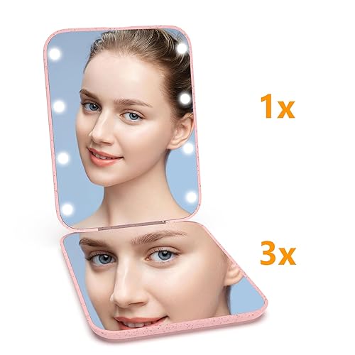 Miniatura 26 de Kintion - Espejo de bolsillo, 1X/3X de aumento, con LED, espejo de maquillaje compacto para viaje con luz, pequeño espejo iluminado de 2 lados, Cian