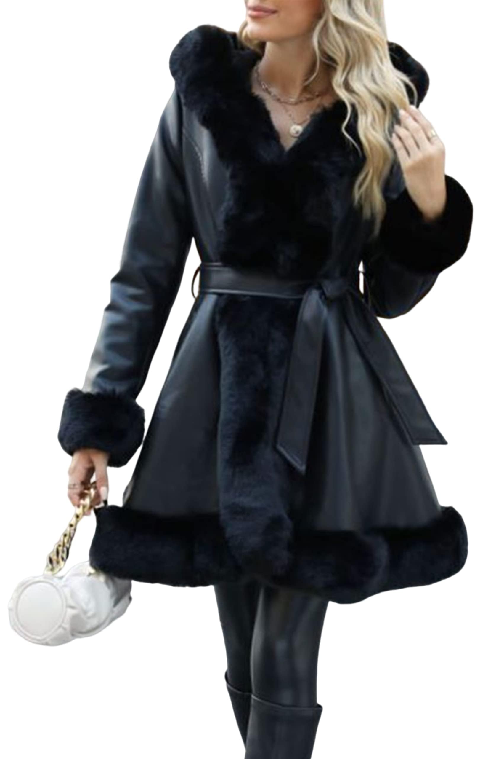 Giolshon Manteau Longue en Similicuir et Mélange de Fausse Laine pour Femme Robe en Molleton à Ceinture Parka Chaude D'hiver en Sherpa