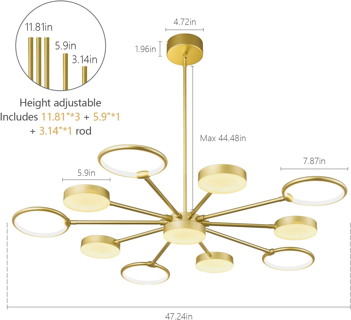 Modern LED Chandeliers Round Pendant Light Farmhouse Gold Sputnik Chandelier Mid Century Ceiling Light Fixtures for Dining Room Bedroom Living Room Kitchen Hallway Foyer（11-Light）