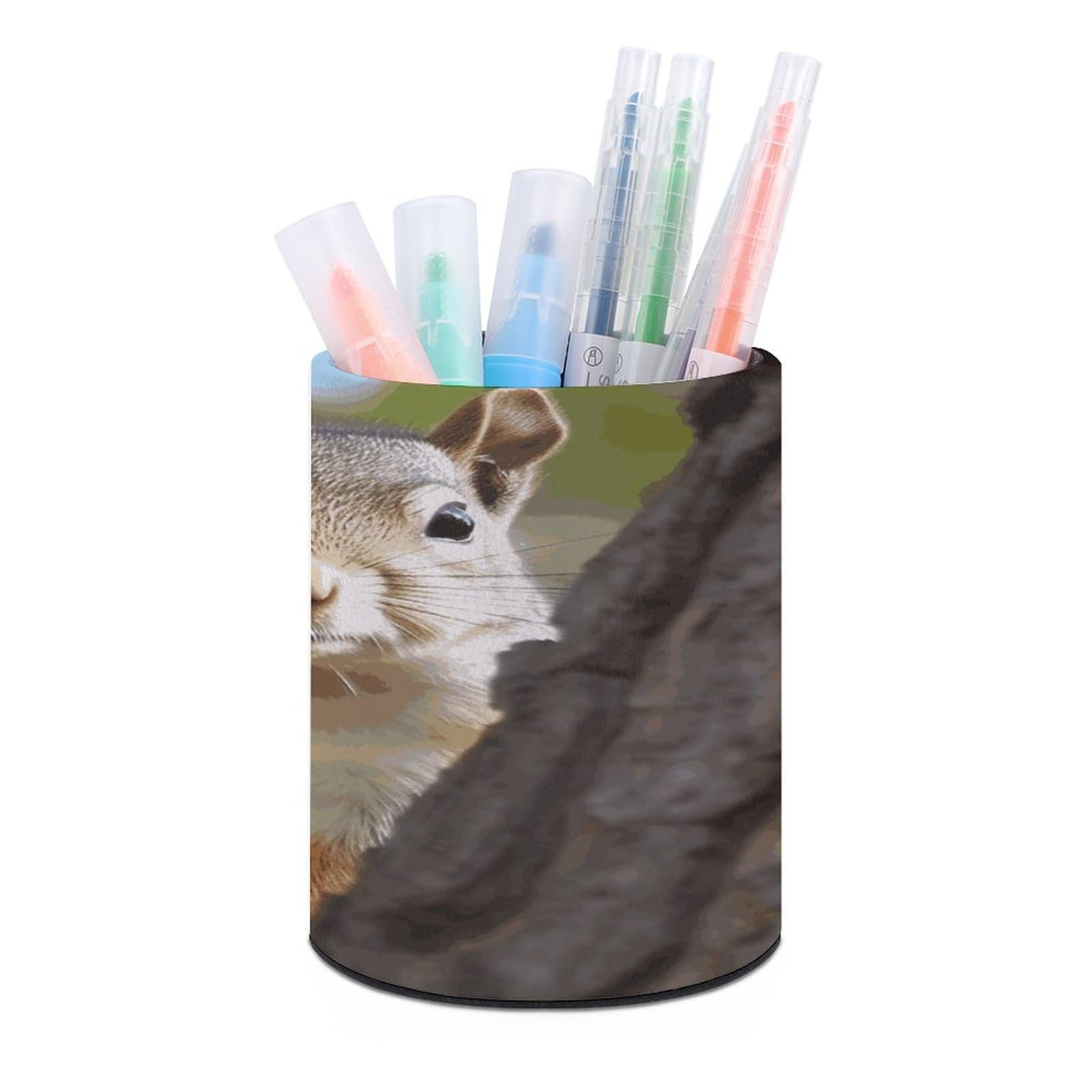 LDGSUPH Squirrel in The Tree Round Pen Holder Leather Pen Cup Pencil Cup Pen Organizer Pencil Holder for Desk Organizer Pencil Organizers Makeup Brush Holders for Home Office Gift