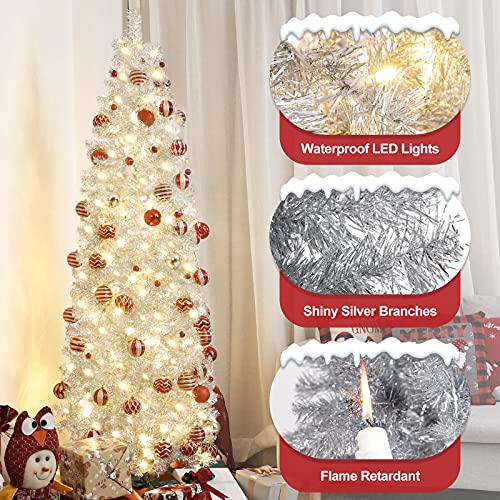 Decoway Pre-Lit Pencil Christmas Tree 6Ft Artificial Silver Tinsel Xmas Tree With Metal Stand #TOP2