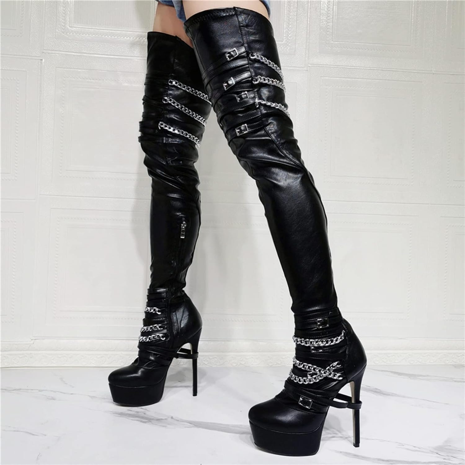 Damskie elastyczne buty do ud, modne punkowe wzornictwo łańcuszka, szpilki, buty za kolana, , wysokie obcasy, seksowne buty do klubu, do tańca na biegunach, sznurowane/czarne, rozmiar 42