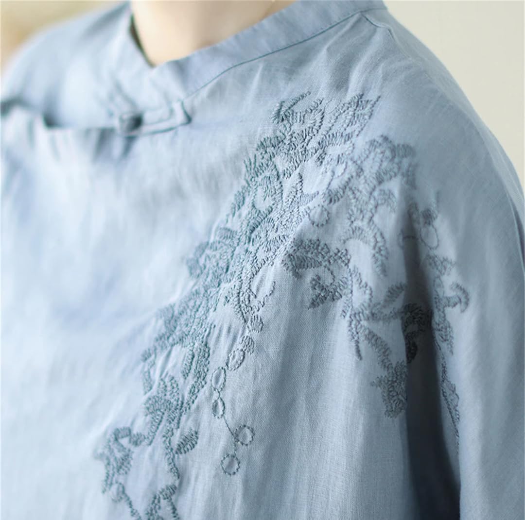 Chemise longue décontractée brodée en coton et lin pour femme