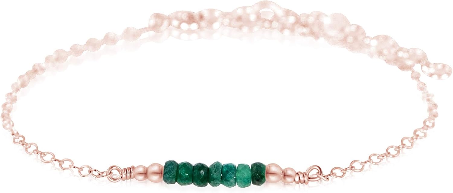 Luna Tide Tiny Sparkling Emerald Faceted Bead Bar Bracelet in 14k Rose Gold Fill