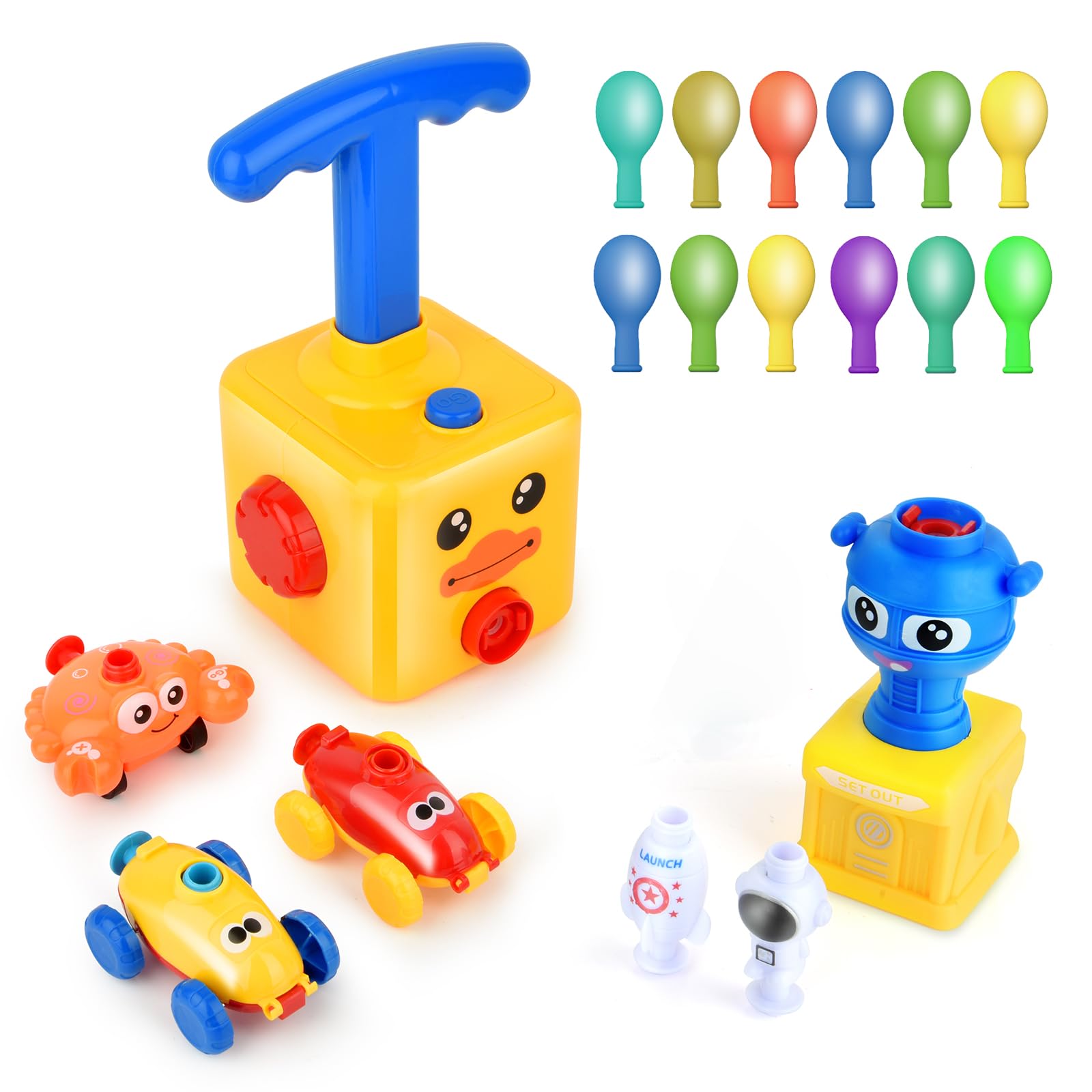 Solace Balloon Car Toy Set including Pump, Launcher and Racers, Powered Inflatable Racing Cars for Kids, Yellow, Red, Orange