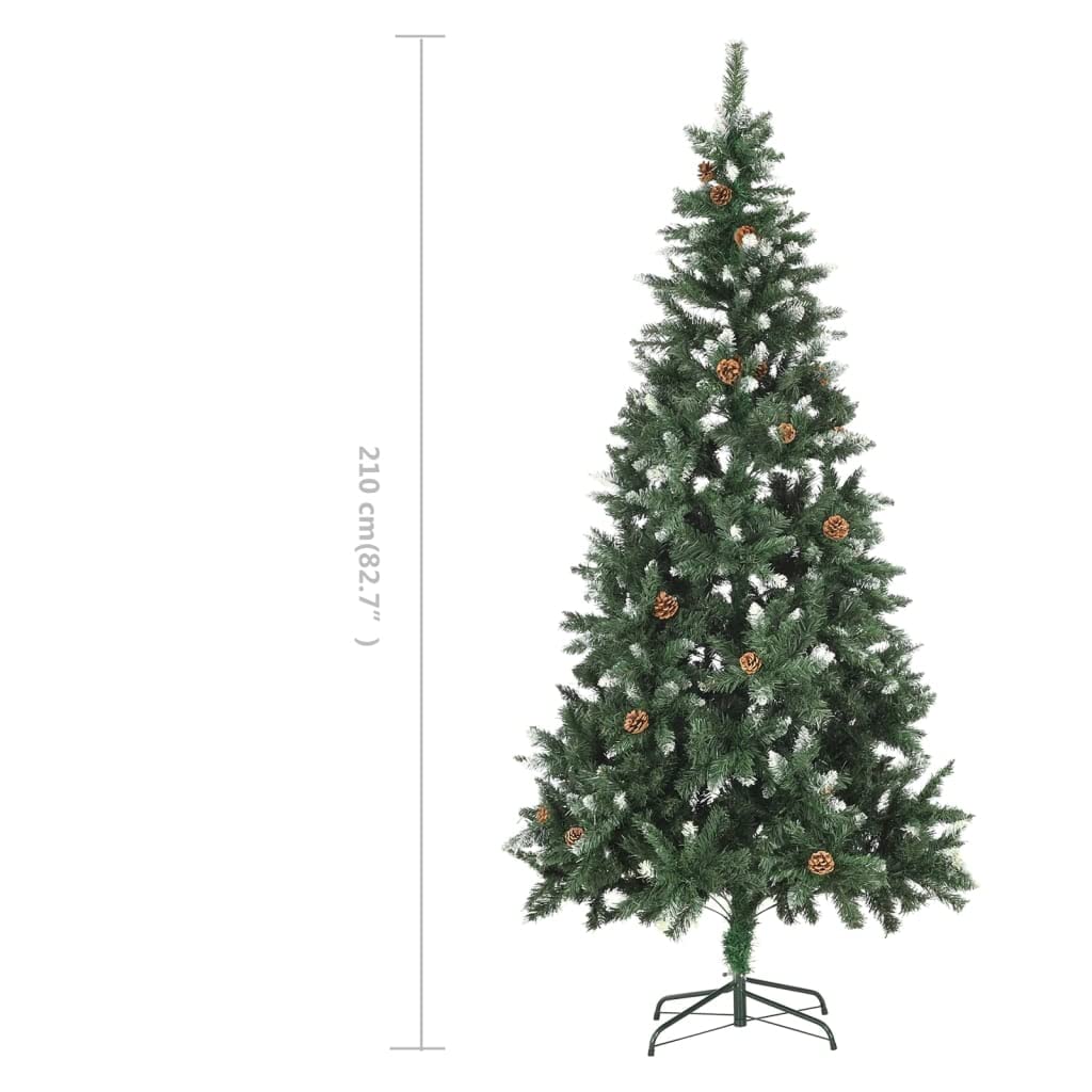 Sztuczna choinka sosna o wysokości 210 cm, biały brokat, 1060 gałązek, 36 szyszek sosnowych, materiał PCW, stabilny żelazny stojak, gęsta imitacja choinki do salonu, na balkon