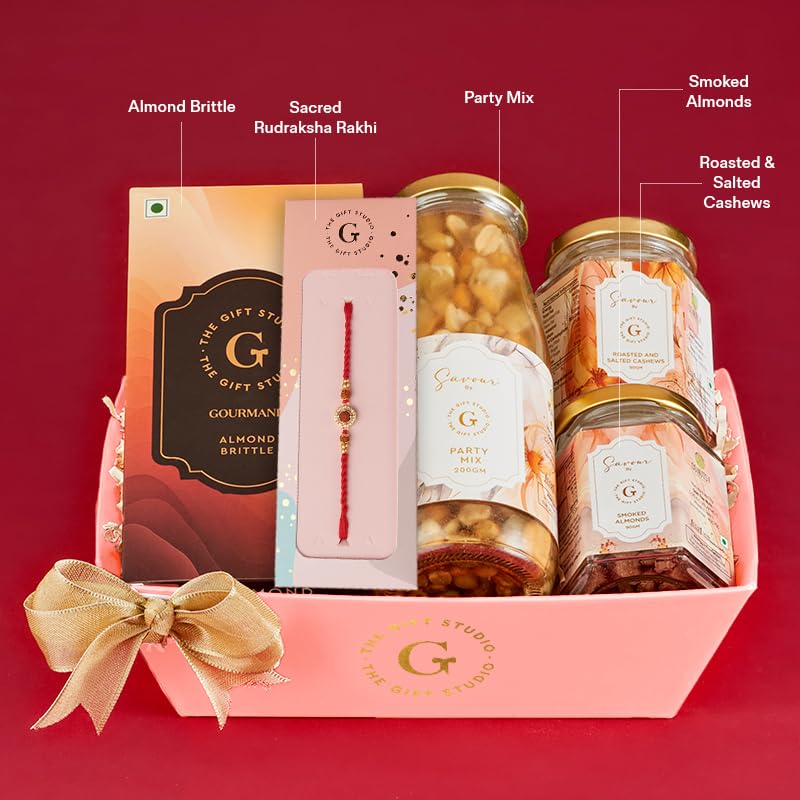 Image of THE GIFT STUDIO.COM | Rudraksha Bliss Rakhi Hamper for Brother | Rudraksha Rakhi, Almond Brittle, Roasted Cashews, Smoked Almonds & Party Mix | Rakhi Gift Hamper