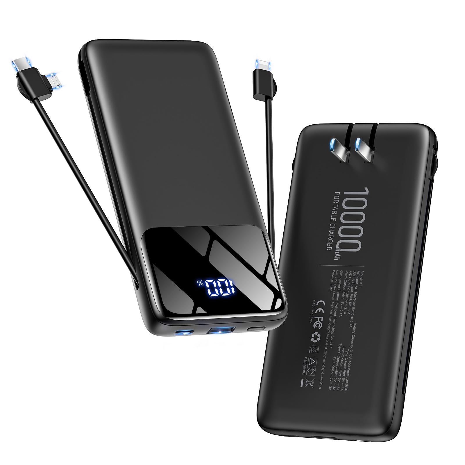 Caricabatterie portatile da 10000 mAh con cavi integrati e spina a muro, batteria USB-C a ricarica rapida, caricabatterie portatile essenziale da viaggio compatibile con iPhone, Samsung (nero)