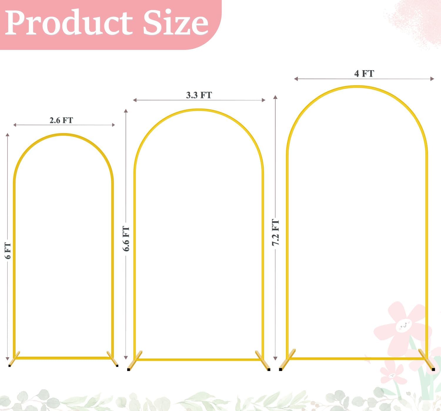 FUHSY Wedding Arch Stand Set of 3 Metal Arch Backdrop Stand 7.2FT, 6.6FT, 6FT Gold Backdrop Arch Stand Balloon Arch Stands Chiara Party Backdrop Arched Frame for Wedding Ceremony Arbor Birthday Decor